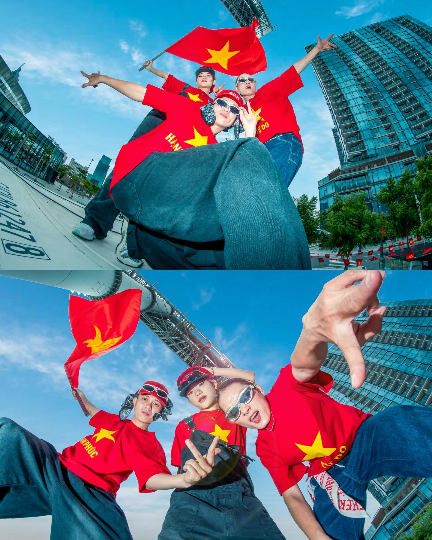 Vietnamese b-boys waving the national flag in front of Saigon's skyline