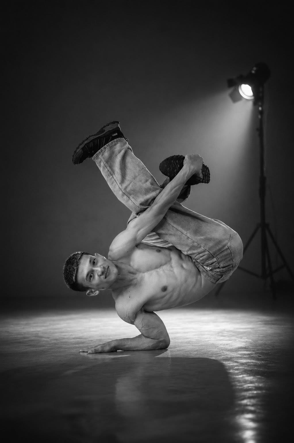 B-boy performing a freeze under a spotlight